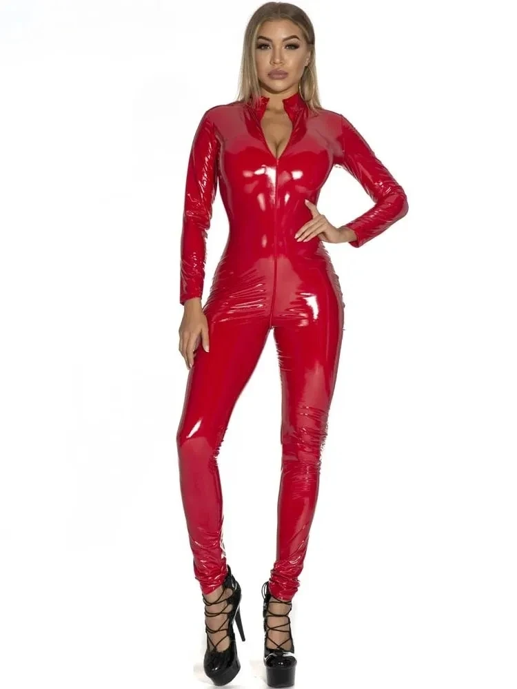 

Women's PU Leather Jumpsuits Long Sleeve Two Way Zipper Open Crotch Bodysuit Wet Look PVC Catsuit Shiny Tights Cosplay 2024 New