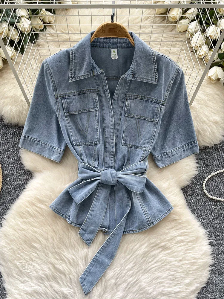

Hong Kong style fashionable design with straps waist cinched collar short sleeved denim top women's summer casual shirt