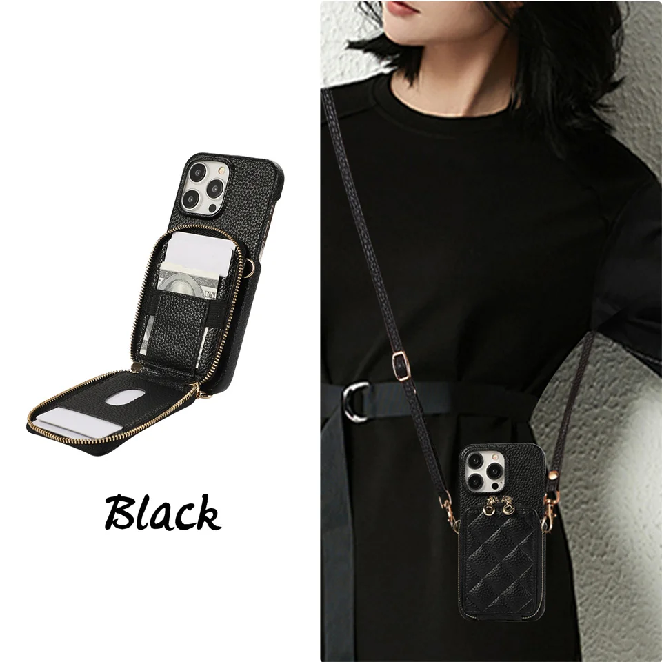 Zipper Crossbody Lanyard Wallet Card Holder Phone Case for iPhone 15 Pro Max 14 Plus 13 12 11 7 8 SE 2022 PU Leather cover