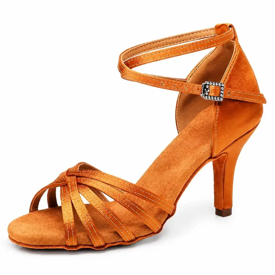 Women's Latin Ballroom Dance Shoes Open Toe Strappy Rhinestone Heels Suede Sole Double Wrap Ankle Strap Party Gold Silver Orange