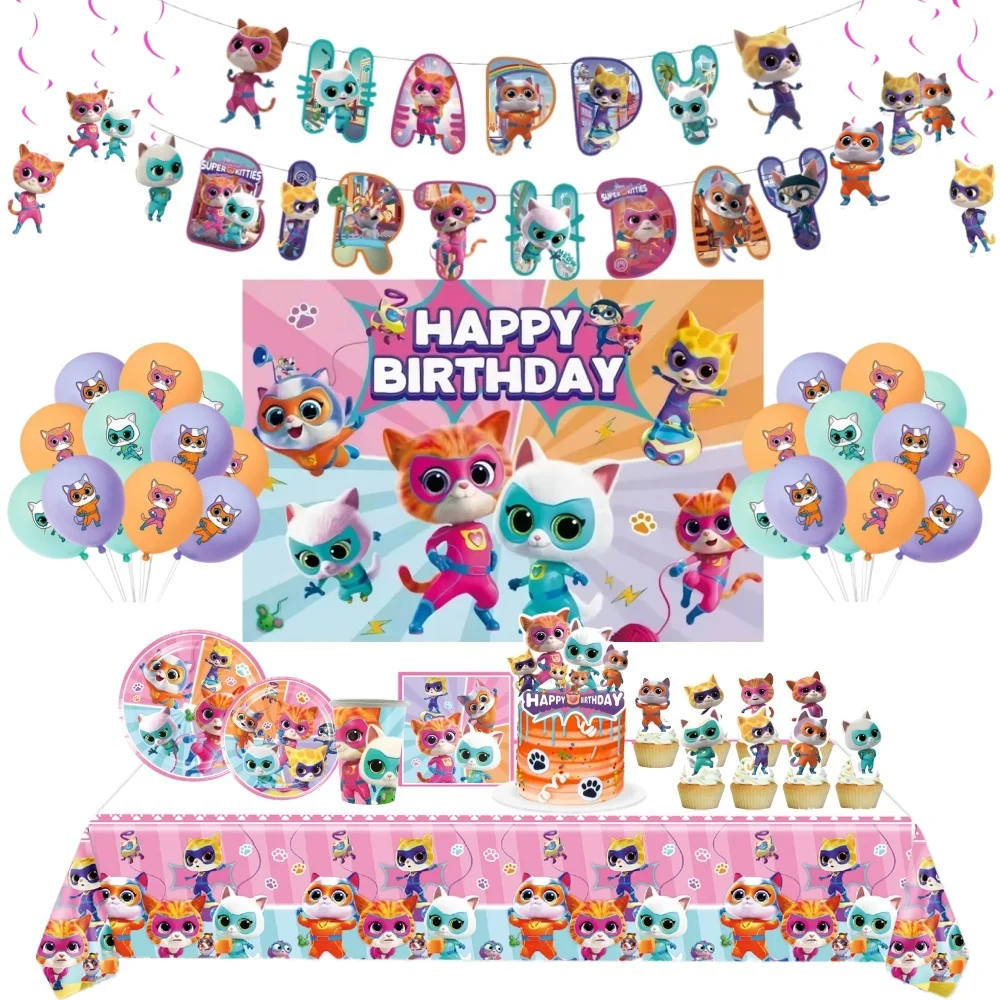 Superkitties Geburtstagsdekorationen Super Cat Squad Theme Tischdecke Pappbecher Teller Luftballons für Babyparty Kinder Partyzubehör
