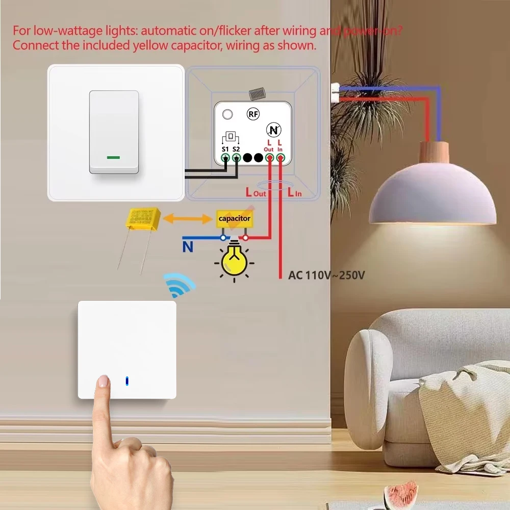 Wireless RF433Mhz Smart Light Switch 86 panel AC220V 110V Mini Single Live Wire No Neutral Receiver Module for home Lamp Light
