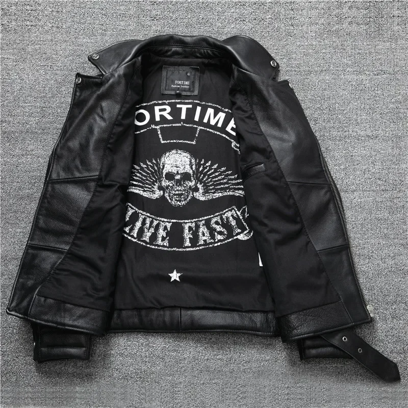 Chaqueta de cuero de vaca con capa de cabeza pura para motocicleta locomotora pesada, chaqueta de cuero ajustada para hombre, retro, velosa motocicleta, sui