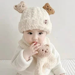 2pcs Little Bear Plush Baby Hat Autumn/Winter Baby Hat Scarf One Piece Set for Children's Warm Ear Protection Hat Super Cute