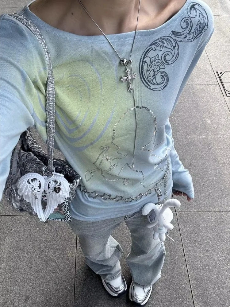 Y2k Subkultur Langarm-T-Shirt mit Farbverlauf für Damen, Lässige Streetwear, Amerikanischer Retro-Print, Oberteil, Innenbasis, Harajuku Bodycon