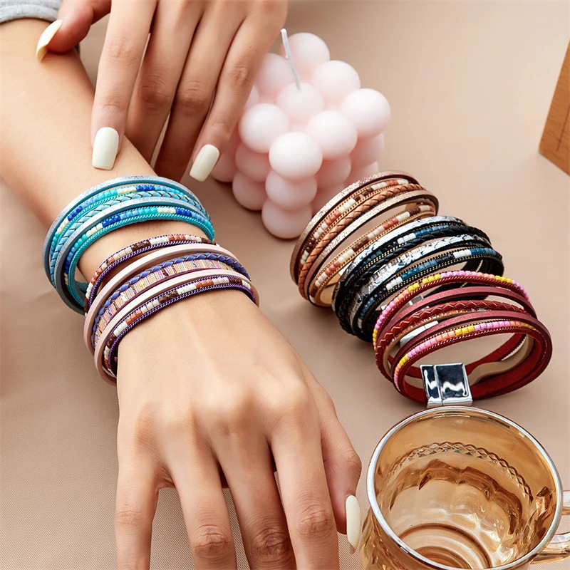 Böhmische Vintage mehr schicht ige Leder armbänder für Frauen hand gefertigte gewebte Leder breite Magnet verschluss Herren Armreif Modeschmuck – Detail 2