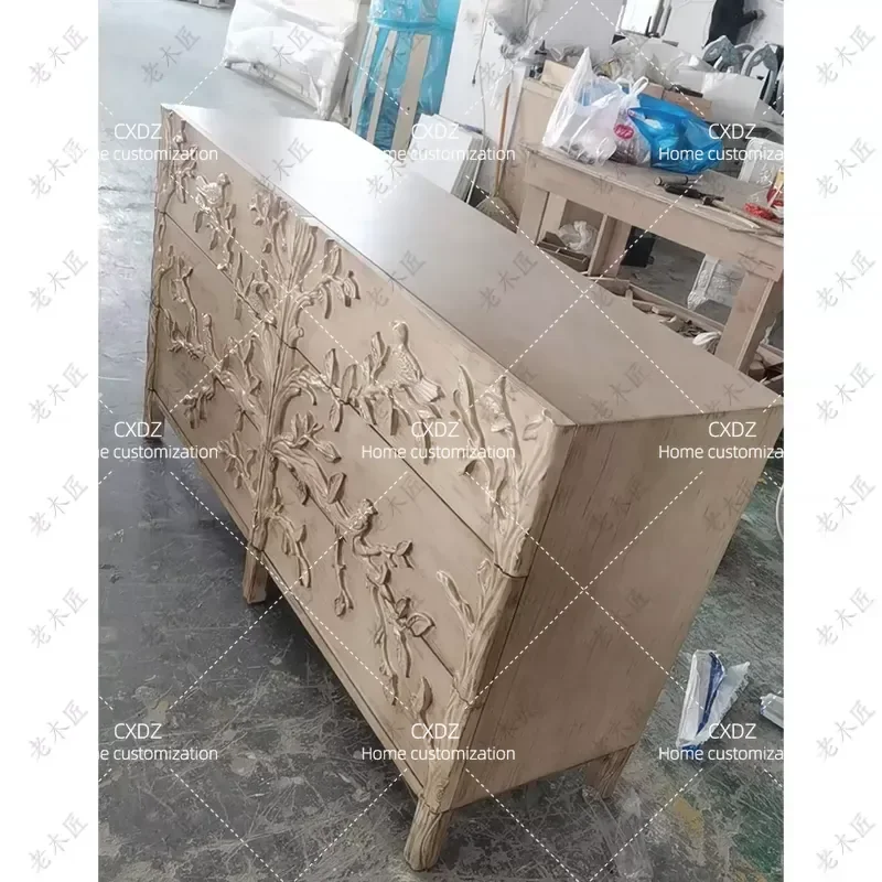 American Rural Solid Wood Retro 3 Drawer Cabinet Storage Chest with Bird and Flower Relief Craft