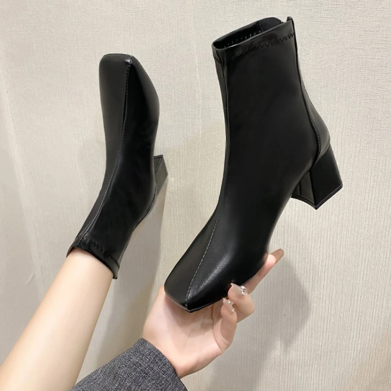 Low Heel Ankle Boots Women Square Toe Skinny Chunky Boots Pu Leather New Fall Winter 2023 Comfort Fashion Beige Chelsea Boots