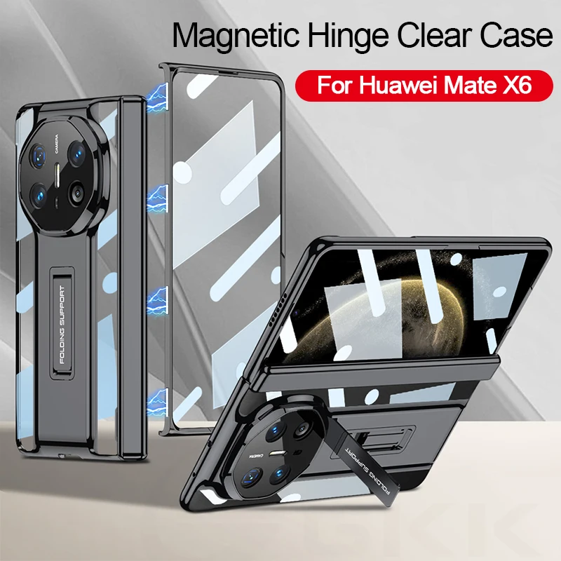 Magnetic Hinge Plating Clear Case For Huawei Mate X6 X5 Front Glass Film Shockproof Stand Transparent Cover For Huawei Mate X3