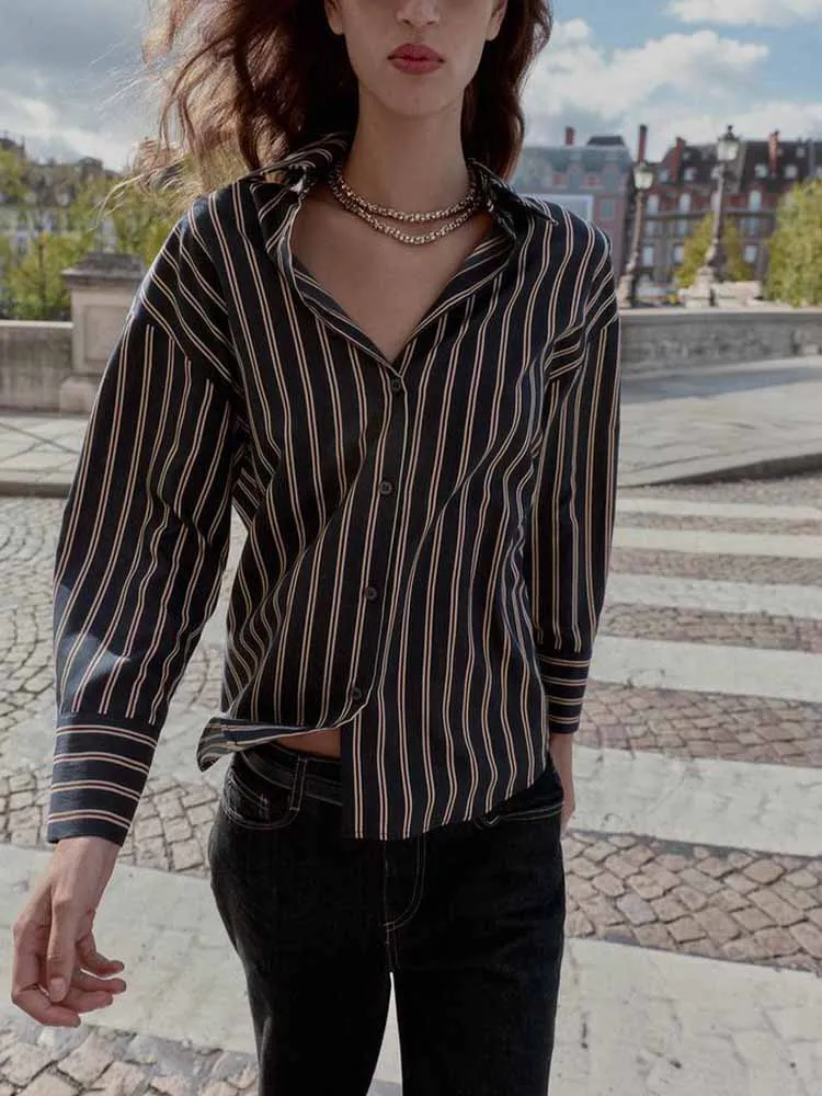 النمط الأوروبي والأمريكي الشتاء المرأة الجديدة مزاجه عارضة بسيطة طية صدر السترة بأكمام طويلة زر أسفل قميص مخطط #1