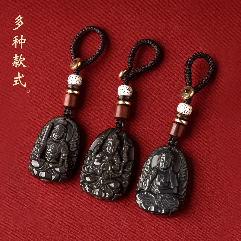 Obsidian twelve zodiac signs, natal Buddha keychain pendant, dragon snake Puxian Bodhisattva pendant, gift