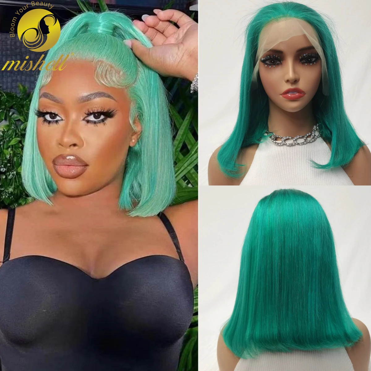 

Mint Green Bob Wig Human Hair 200% Density 13x4 Transparent Straight Lace Front Wigs Pre Plucked with Baby Hair for Black Women