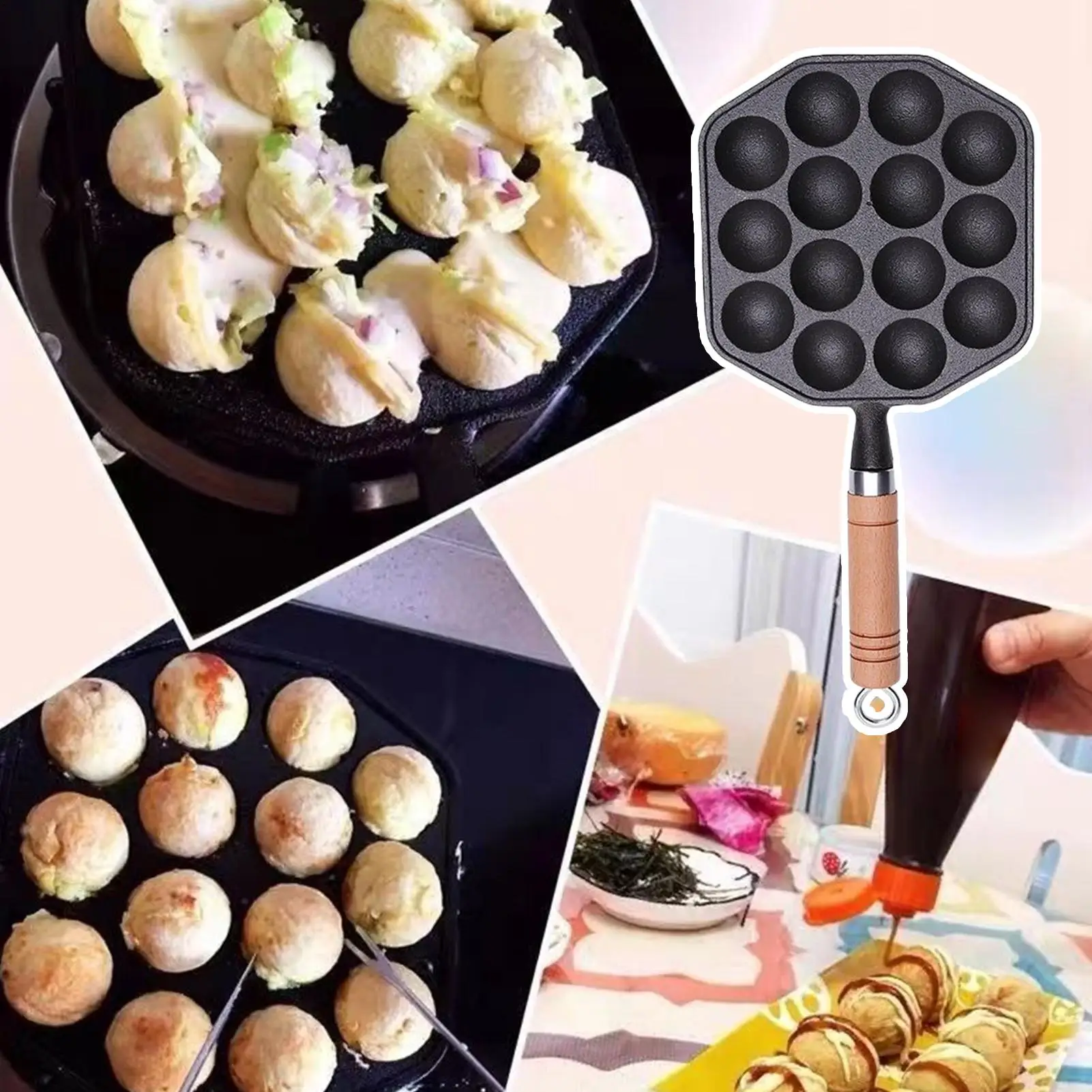 مقلاة شواء للطبخ الداخلي 14 فتحة كرات الأخطبوط اليابانية لوحة غير لاصقة من الحديد الزهر مقلاة شواء للموقد العلوي للخارجية #5