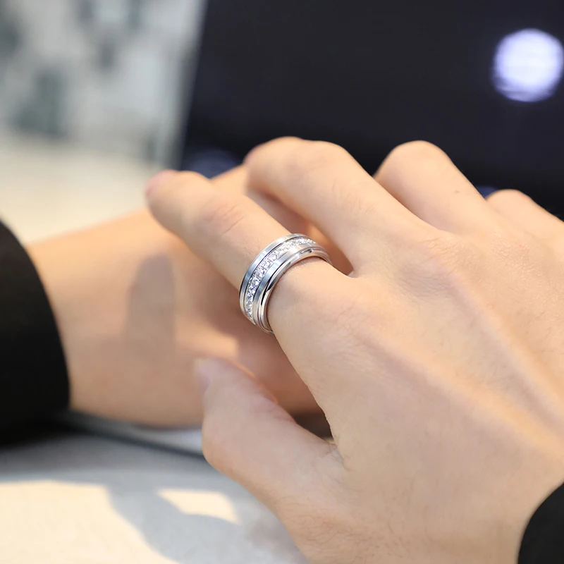 Rotatable Rings for Men Women 8mm Width White Tungsten Carbide Fashion Couple Jewlery with CZ Stones Claw Inlay,Customized