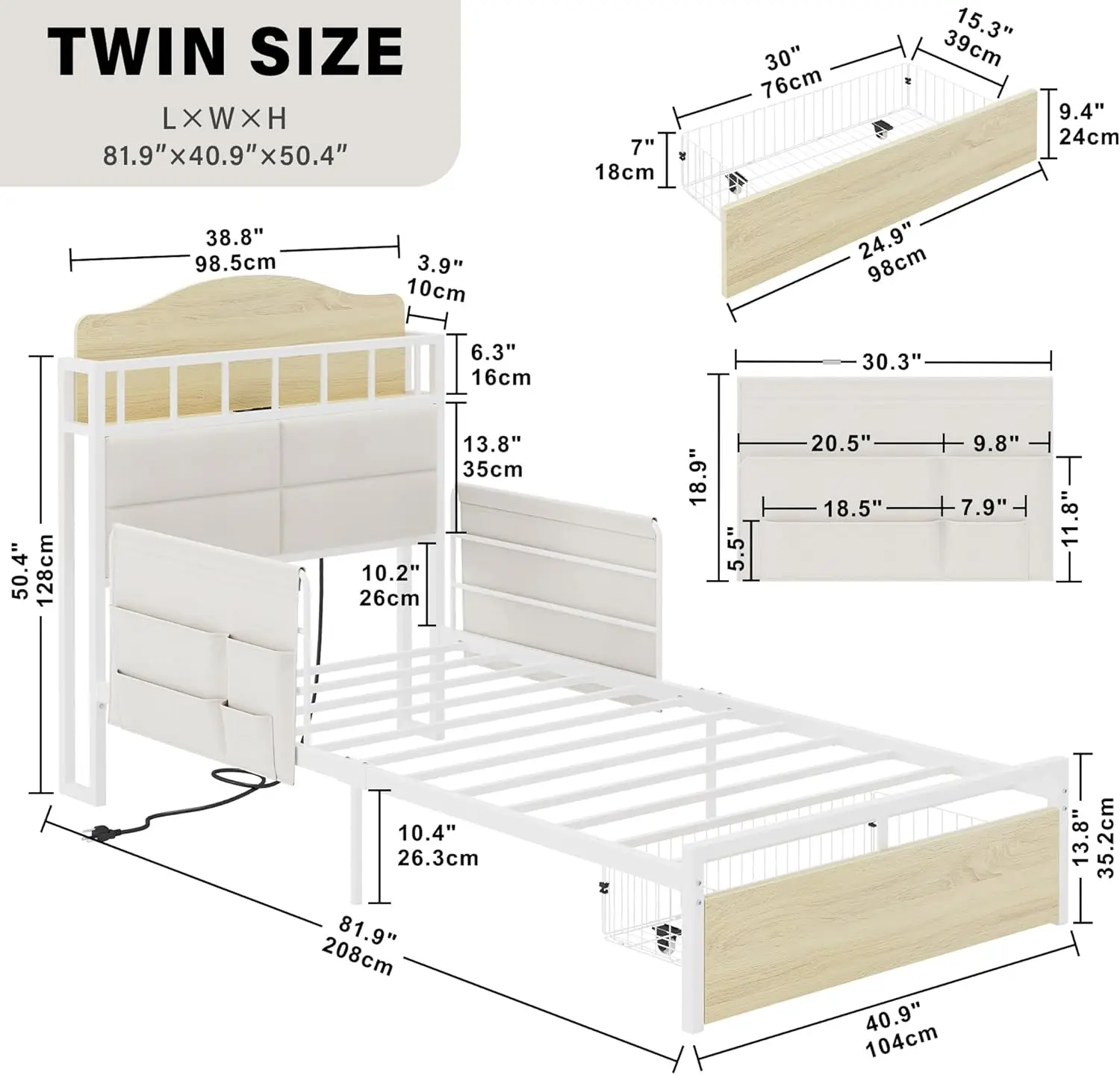 Doppelbett rahmen mit Leitplanke & Nachttisch Caddy multifunktion ales Kopfteil mit Ladestation langlebiges Metall plattform bett