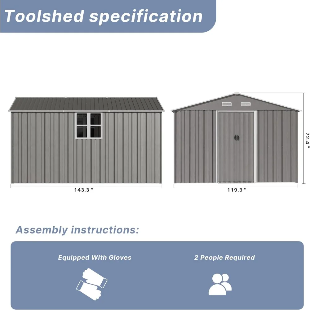 12FT x 10FT Metal Storage Shed for Outdoor with Design of Lockable Slide Doors and Air Vent, Tiny House Utility, Sheds & Storage