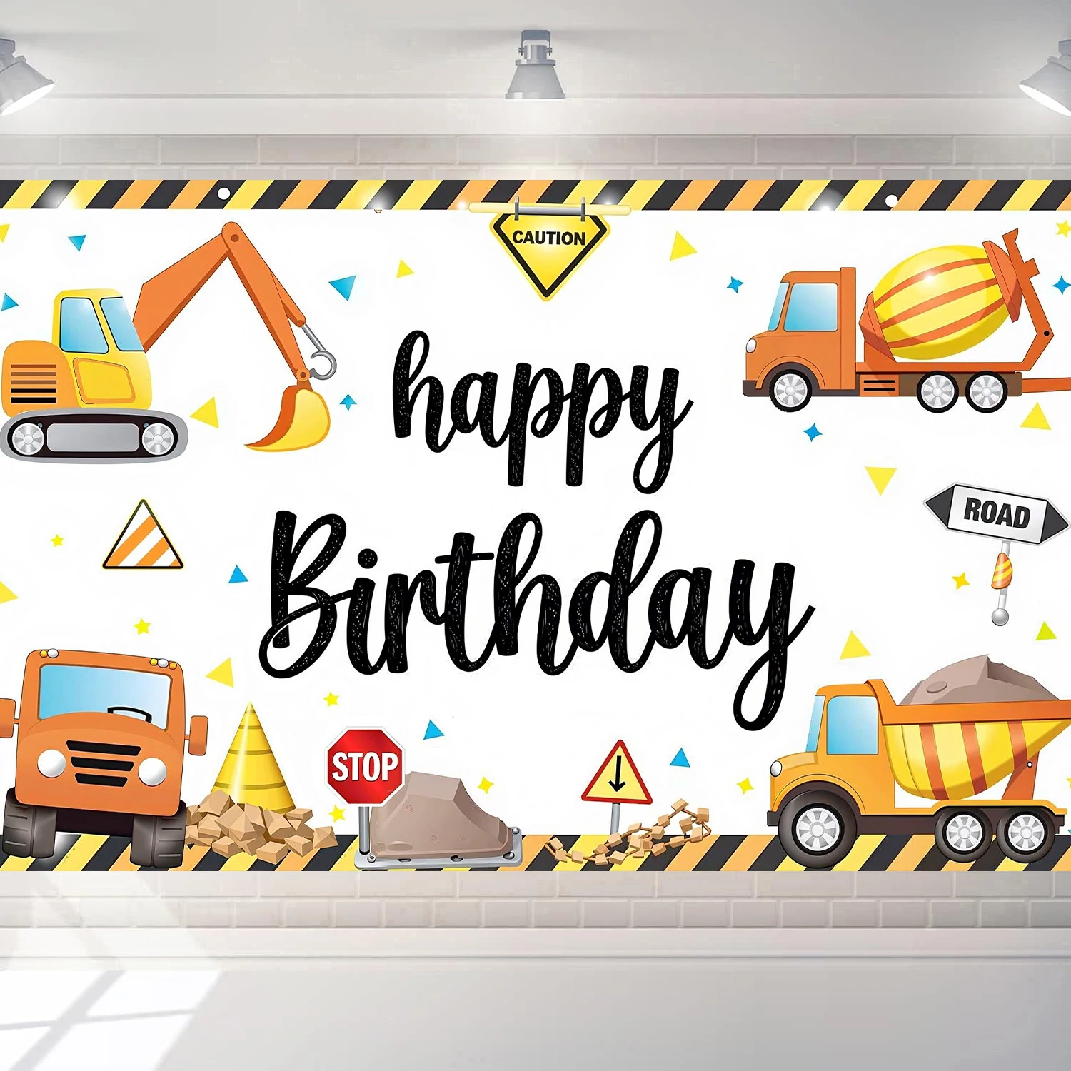 Construction Birthday Banner Backdrop Party Decorations for Boys Happy Birthday Photography Background Photo Booth Props