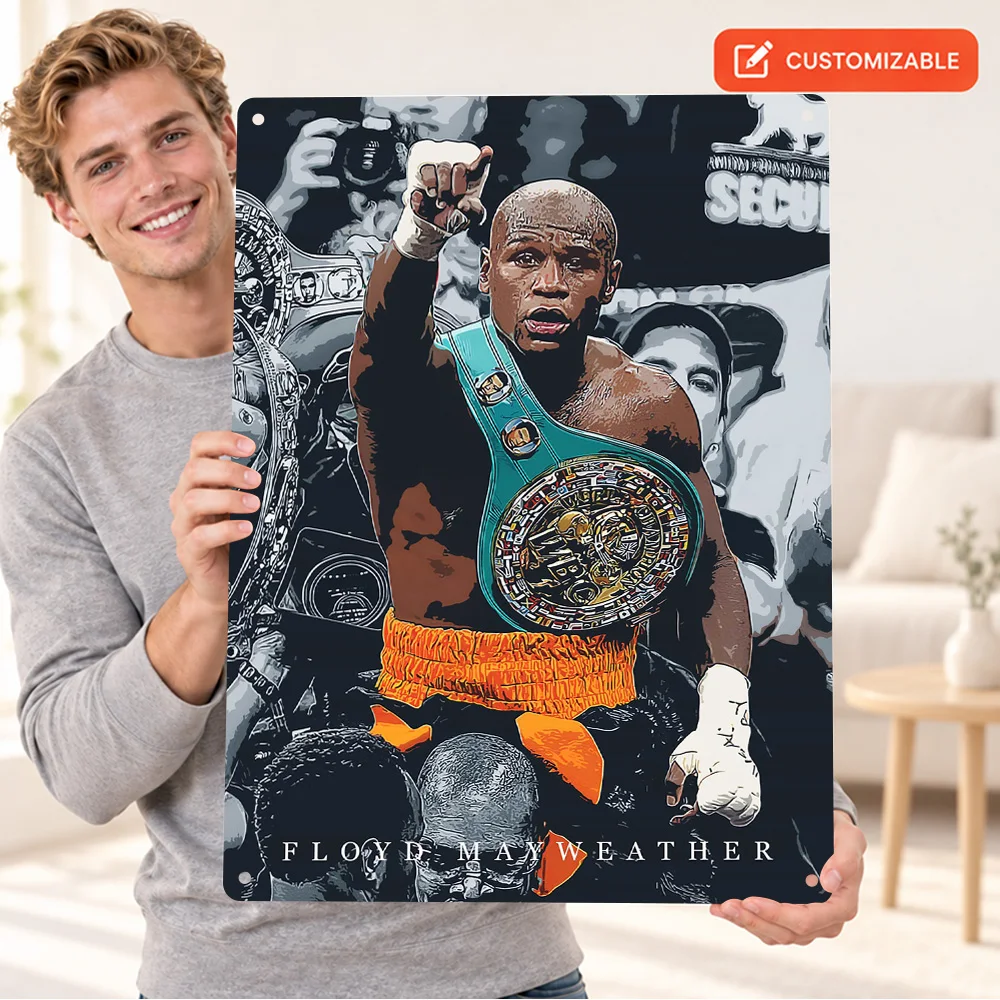 Floyd Mayweather Boxing Textured Metal Poster Personalized Aluminum Sign Splatter Watercolor Illustration Wall Art For Game Room