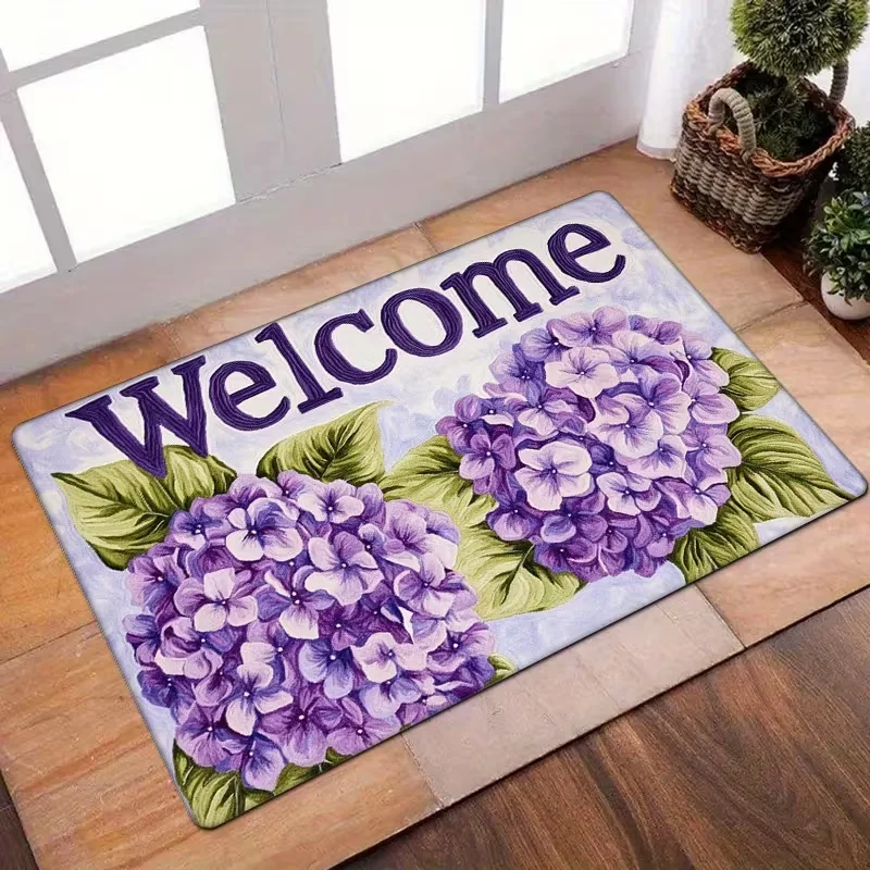 Purple Hydrangea Welcome Entrance Rug Flower Print Soft Non-Slip Doormat Rustic Plant Home Decor Carpet for Front Door