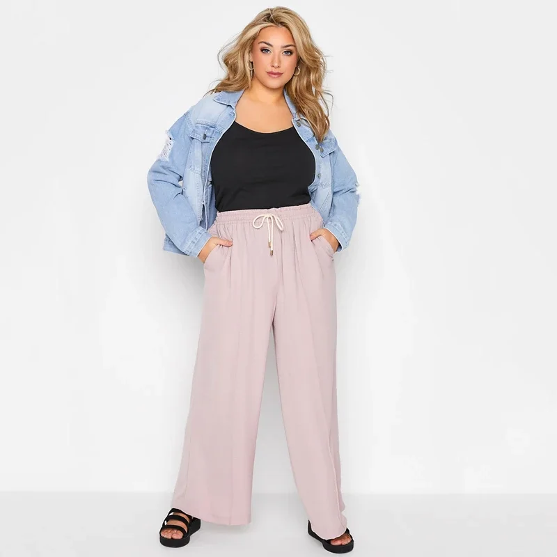 Plus Size Elastic Drawstring Waist Summer Loose Elegant Wide Leg Pants Pocket Side Lightweight Casual Straight Trousers 4XL 5XL