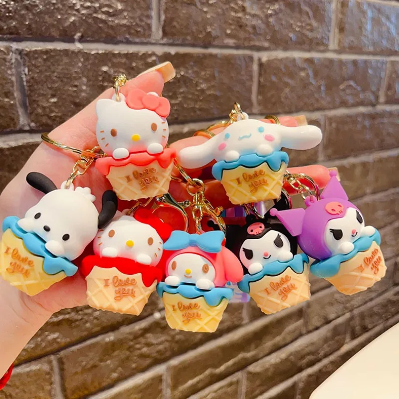 Anime Cartoon Sanrio Hello Kitty Kuromi Melody Pochacco Ice Cream Car Keychain Boys Girls Lovely School Bag Keyring Pendant Gift