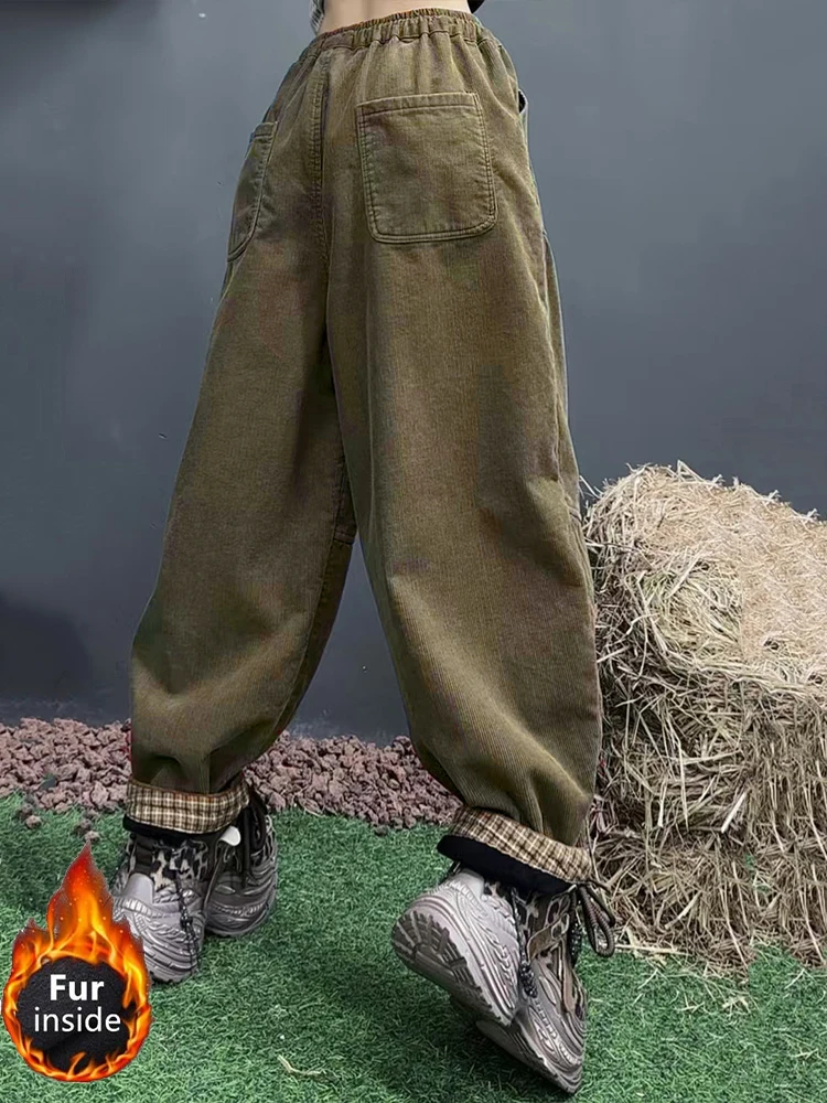 Amax luluE Winter Womens Corduroy Fur Pantalons Fashion Loose Harem Trousers Ladies Classic Casual Vintage Warm Thicken Clothing