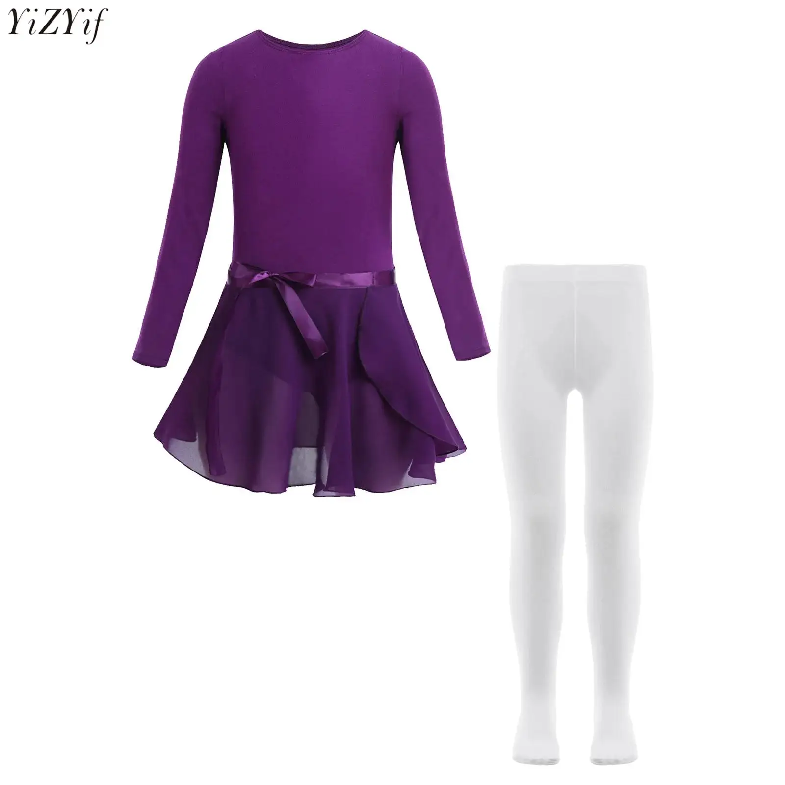 

Girls Ballet Dance Leotard Gymnastics Training Performance Outfits Long Sleeve Bodysuit+Tie Chiffon Skirts+Pantyhose 3Pcs/Set