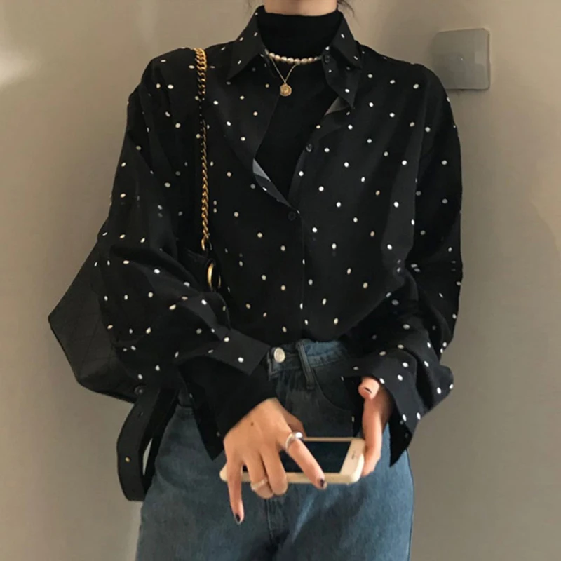 한국 패션 레트로 셔츠, 용수철 가을 프린트 히트 컬러 물방울 무늬, 루즈 캐주얼 단추 긴팔 여성 셔츠, 2024 신상