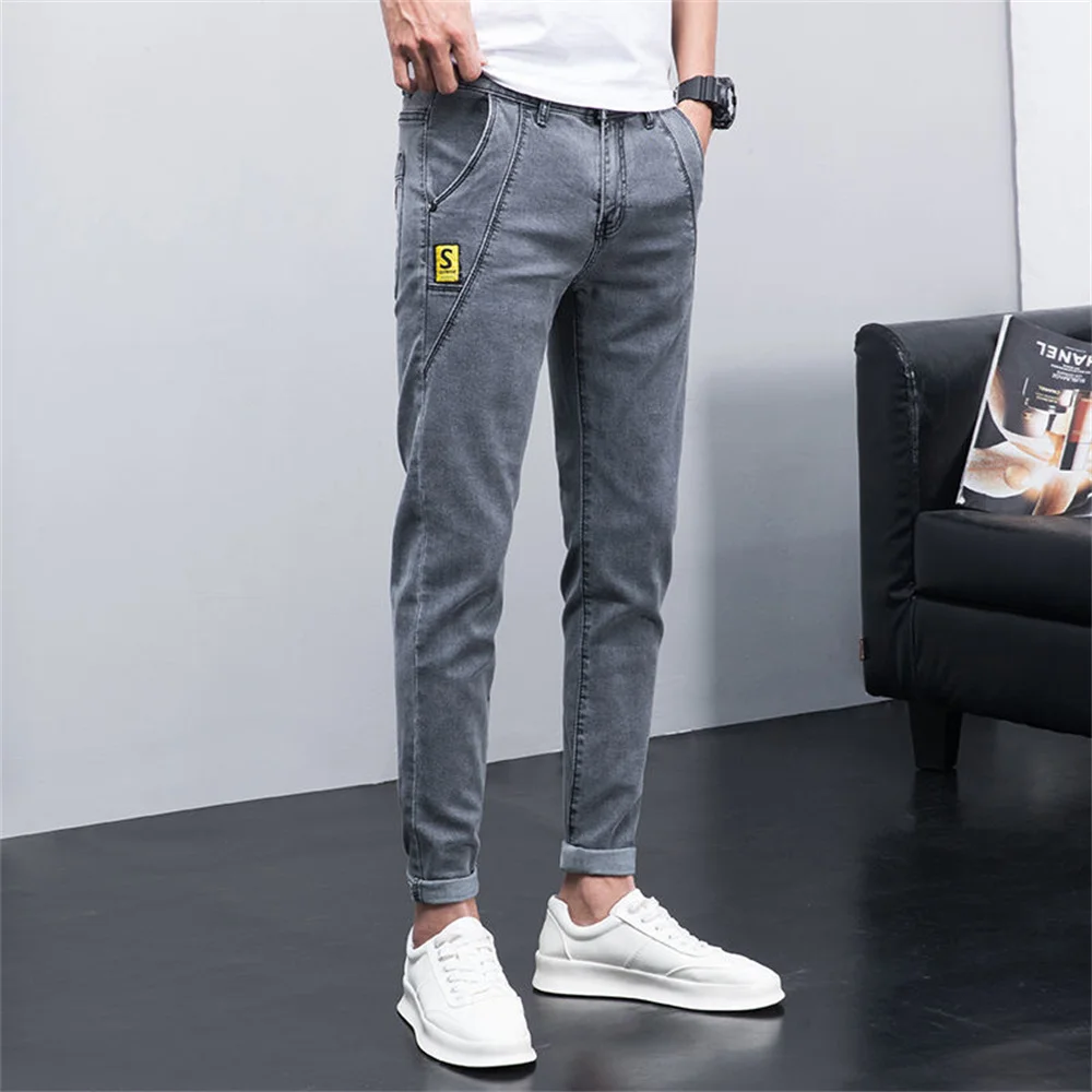 2022 Summer Men's Jeans Jogger Thin Harem Pants Cotton Banded Pant Korea Style Light Blue Hip Hop Beam Feet Casual Trousers Male