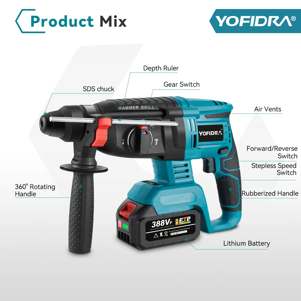 YOFIDRA 26mm Brushless Electric Hammer Multi-function Cordless Drilling Wall Loose Soil Impact Drill Tool For Makita 18V Battery