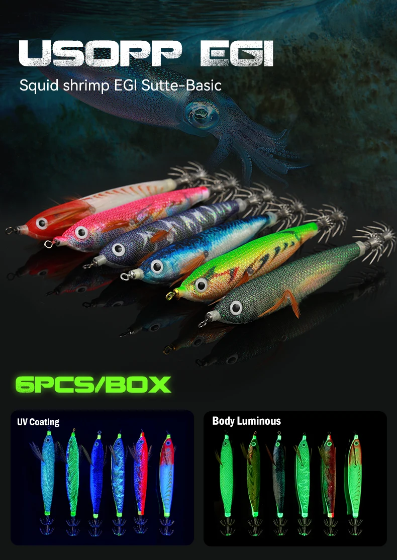Leydun Usopp EGI Leuchtende & UV-Squid-Jigs, Garnelen-Tintenfisch-BKK-Haken, 110mm, 6er-Set, Angelköder für Oktopus, Tintenfisch, Garnelen – Detail 1
