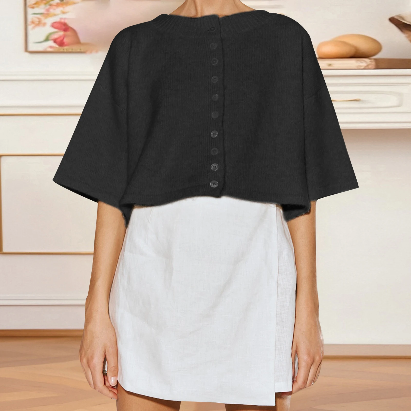

Women's Vintage y2k Solid Button Down Knitted Sweaters Short Sleeve Round Neck Loose Cardigan Knitwear Cropped Tops Outwear