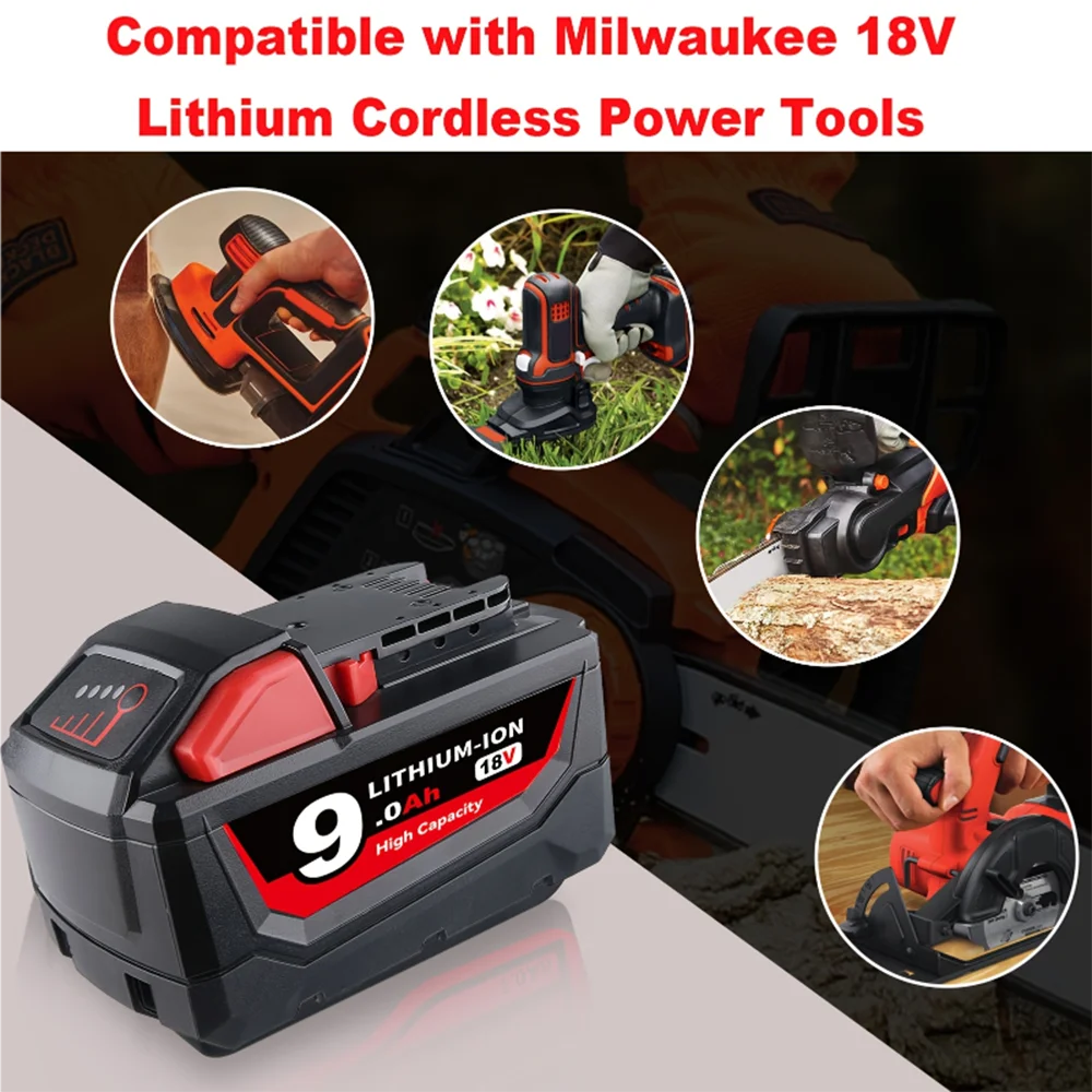 

New Upgraded 9.0Ah For Milwaukee M18 Power Tool Battery, Charger, BR, XC, 18V M18B5, 48-11-1860, 48-11-1850, 48-11-1815 2604-20