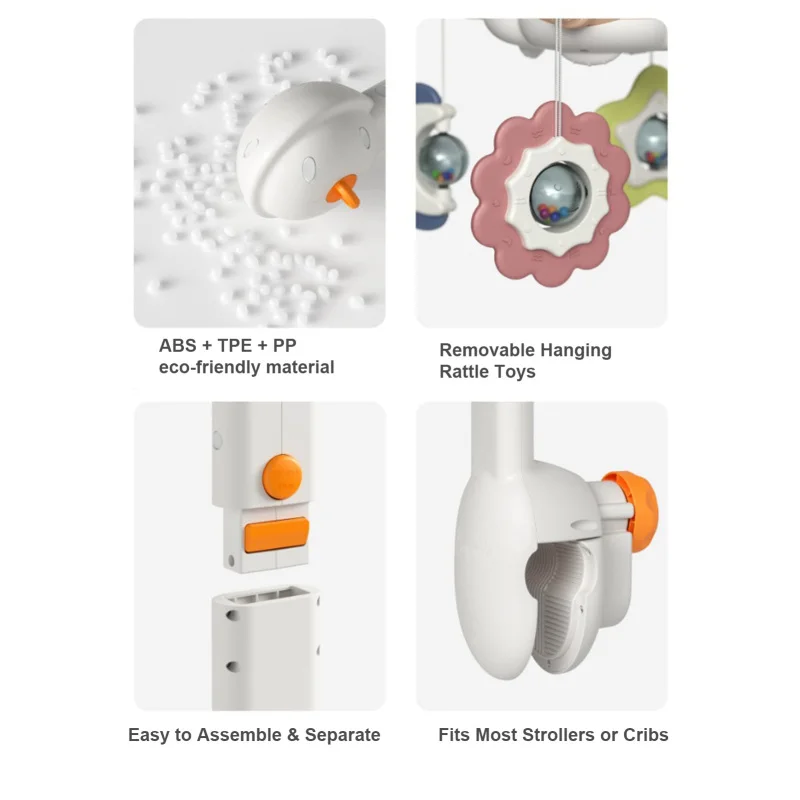 아기 침대 모빌 프로젝션 야간 조명, 진정 음악, 화이트 노이즈, 걸이식 딸랑이 장난감, 360 ° 회전, 보육 수저 장난감