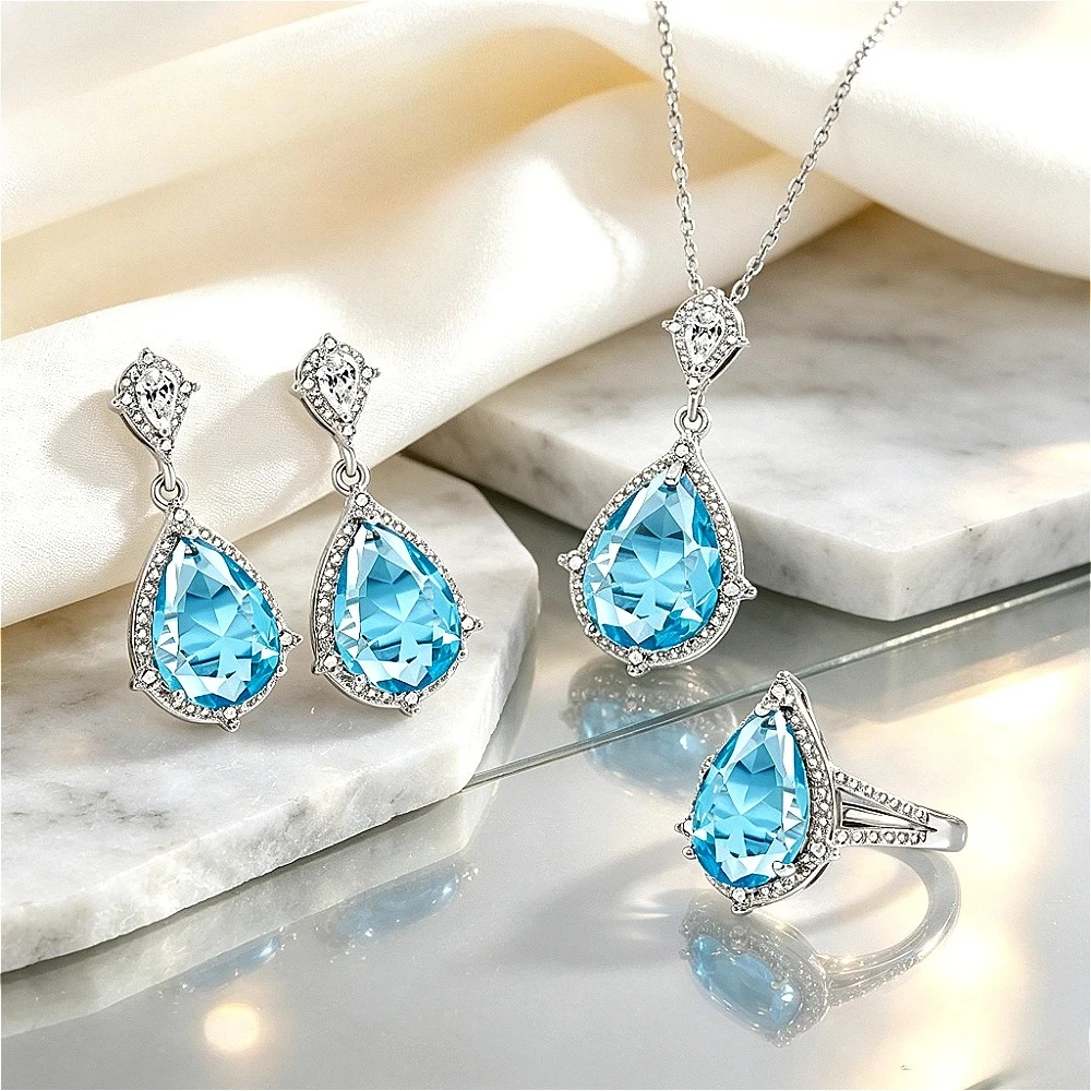 Women's Luxury 925 Sterling Silver Jewelry Set Sea Blue Gemstone Ring Necklace Earrings - Elegant Fashion Accessory