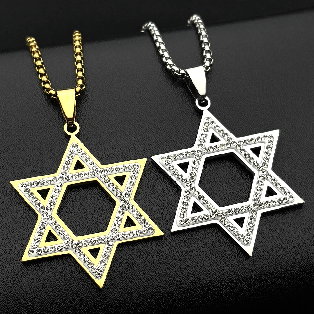 Israel Hexagram Jewish Magen David Stainless Steel Pendant Necklace for Women Men Star of David Rhinestones Chain Jewelry