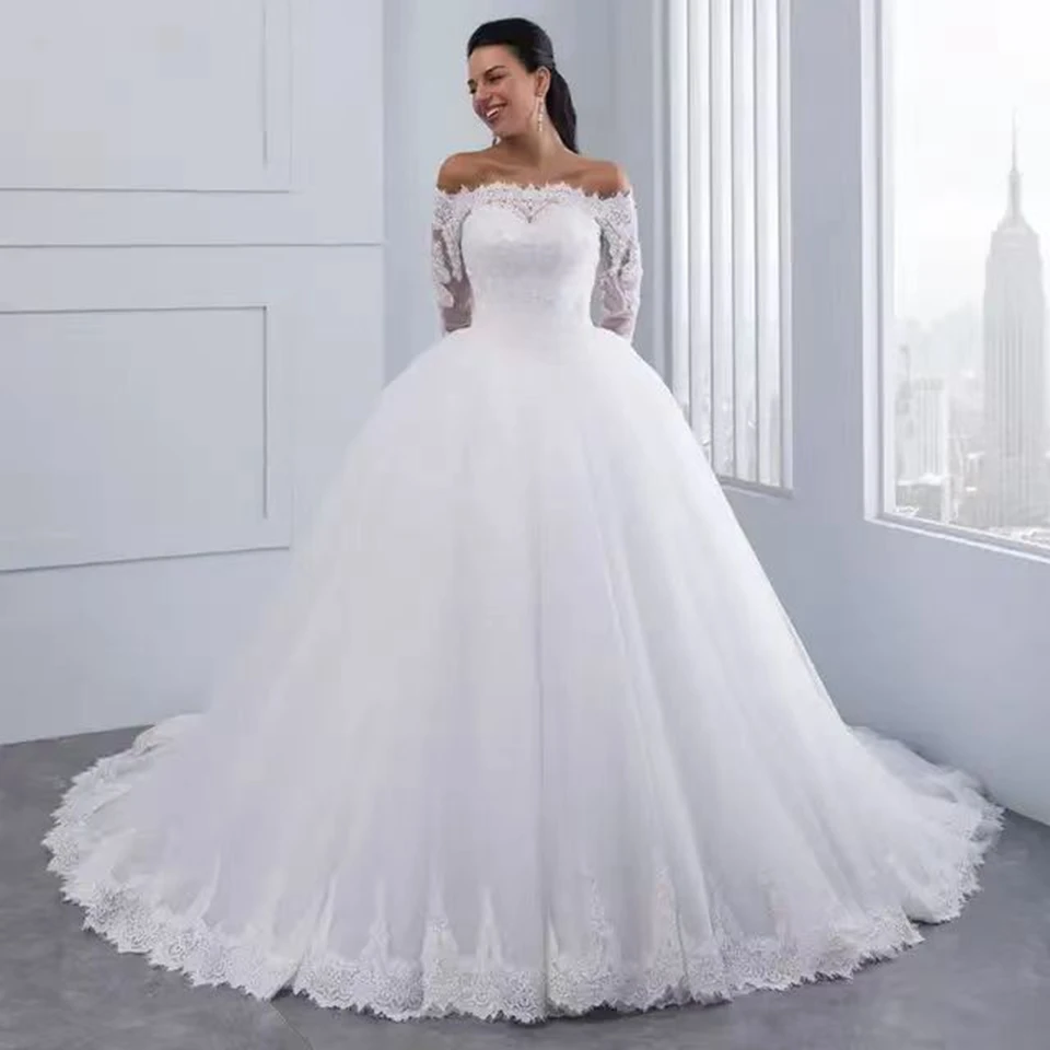 Grace Sequin Lace Appliques Off The Shoulder Wedding Dress 2025 Sweep Train Beading Tulle Bridal Gown For Europe African Women