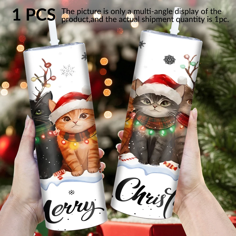 1pc 20Oz stainless steel straight cup with straw cover Christmas kitten elements suitable for Christmas and Halloween as gifts.