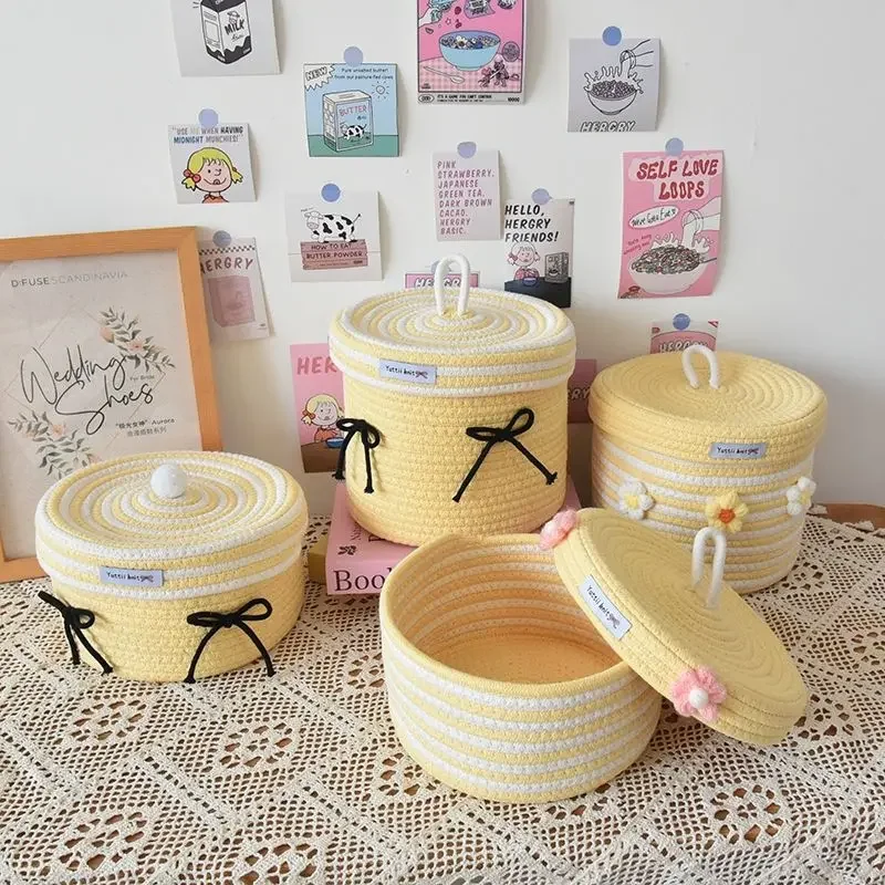 Woven Storage Basket Without Assembly Wardrobe Desktop Storage Rack Cute Snacks Candies Hand Woven Cotton Thread Sorting Basket