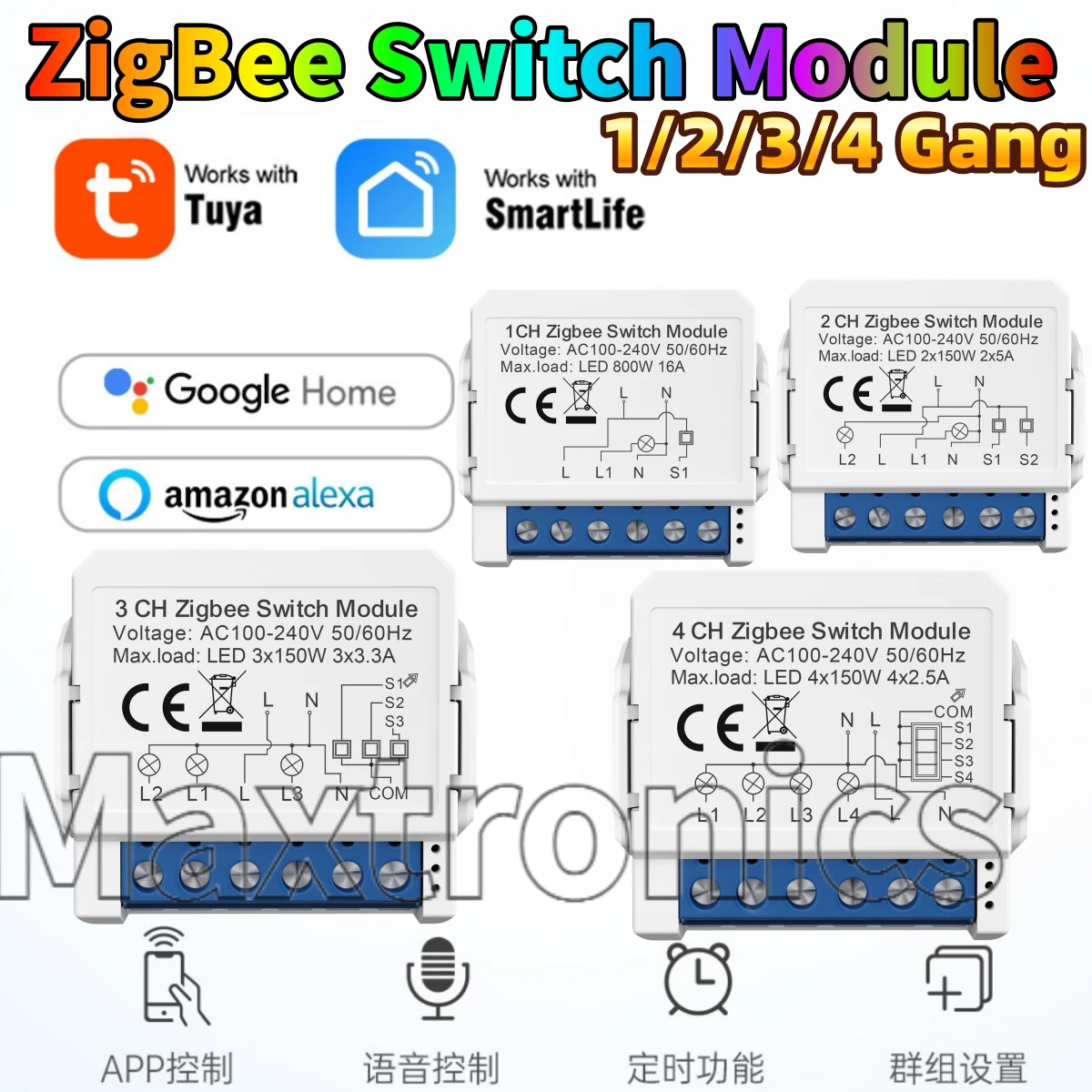 

Модуль умного выключателя 2026 Mini ZigBee Tuya на 1/2/3/4 канала, DIY, без нулевой линии, совместим с Alexa, Alice, Google Home для освещения