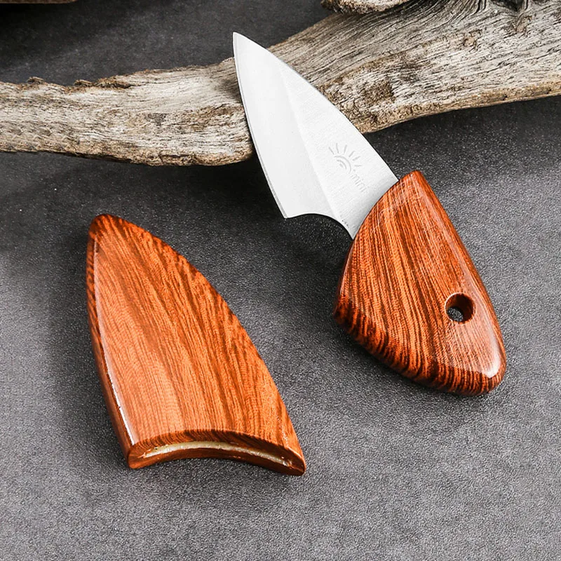 

Mini D2 Blade EDC Kitchen Fruit Knife with Wooden Sheath Outdoor Camping Multifunctional Unpacking Knife