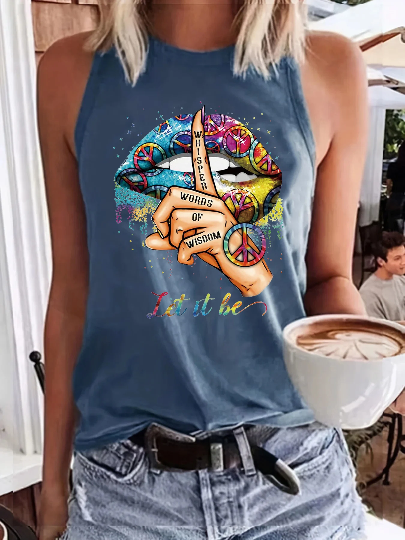 Sommer Frauen bunte Lippen abdruck Finger abdruck lose Größe Rundhals ausschnitt ärmelloses Tank Top T-Shirt