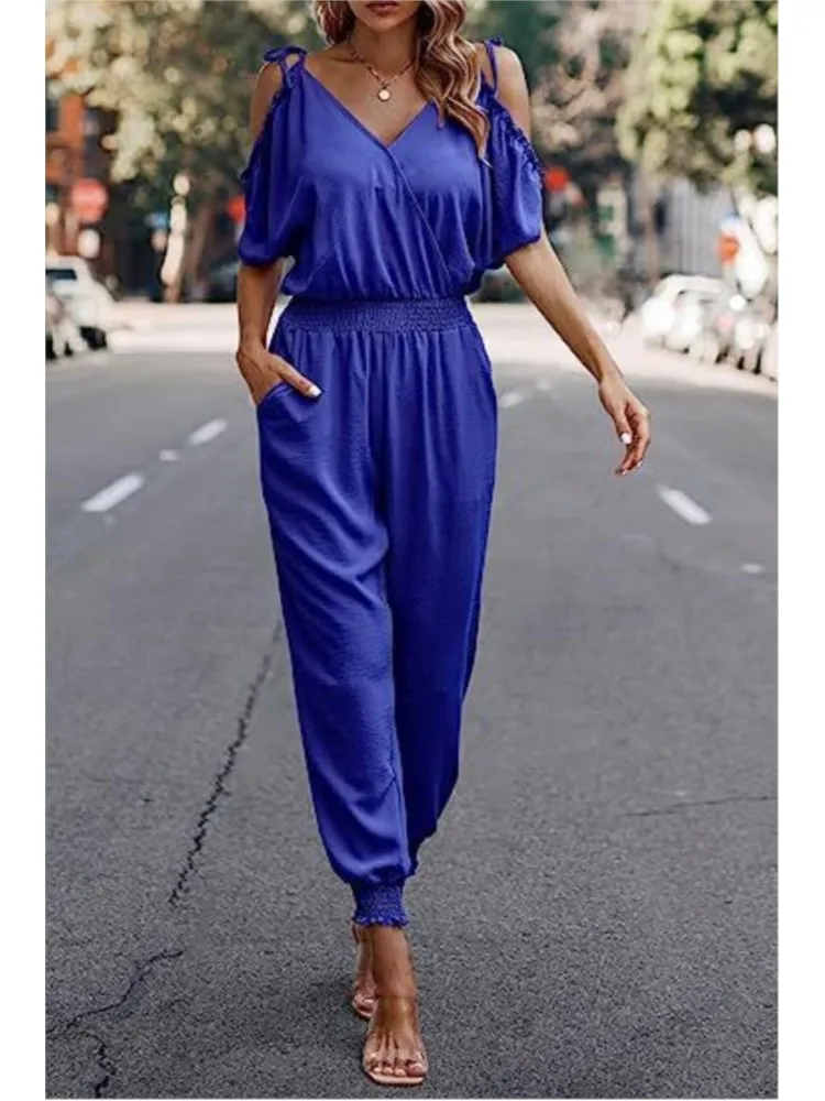 Women\'s Autumn New Sexy V-neck Off Shoulder Fashion Bat Sleeve Elastic Belt Waist Wrap Casual Comfortable Jumpsuit Basic Style