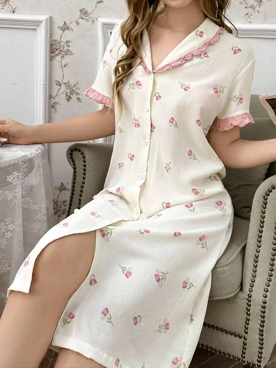 

Floral Print Button-Up Sleep Dress With Ruffled Collar And Short Sleeves