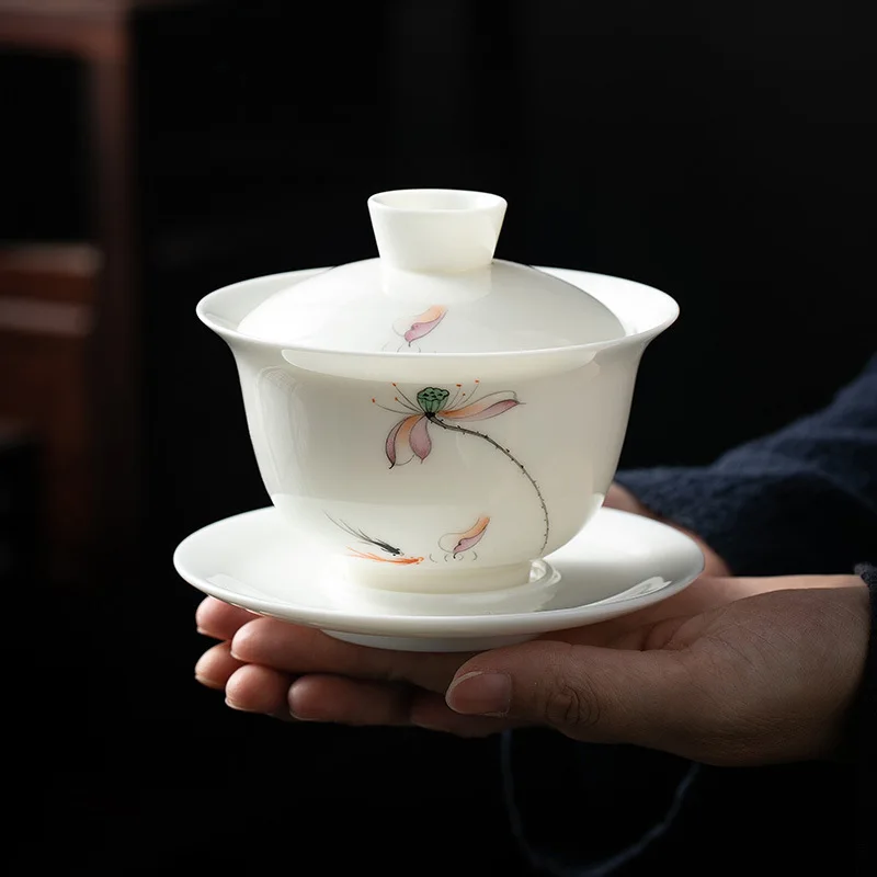 White Jade Hand-Painted Sancai Gaiwan Tea Cup Single Hover Kung Fu Ceramics Making Device Household Ceremony Bowl Set