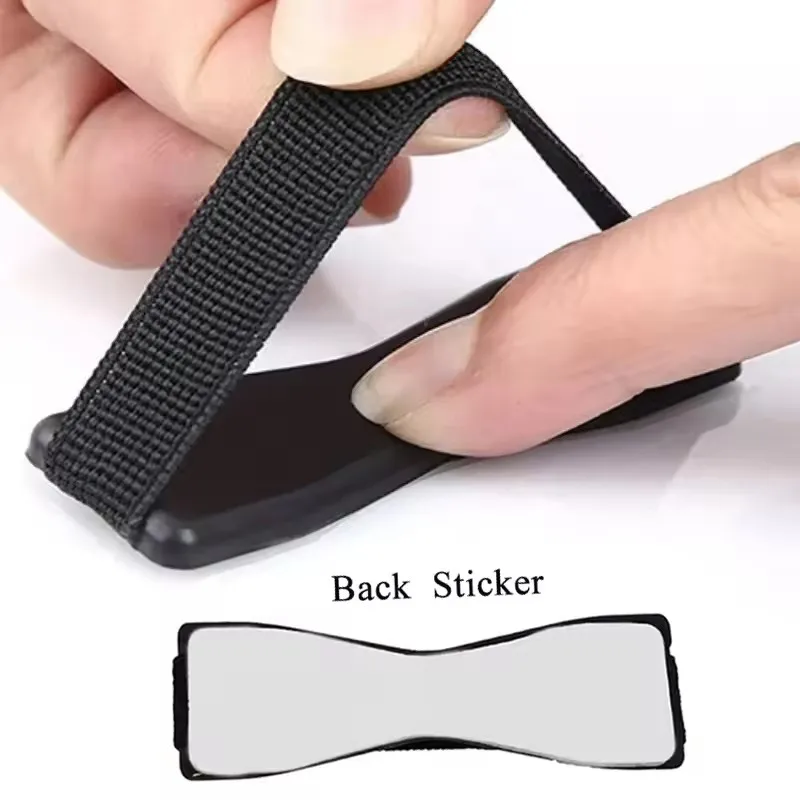 Correa elástica portátil para sujetar el teléfono, con base negra, compatible con teléfonos inteligentes y tabletas. Soporte universal para iPhone, Samsung, Xiaomi e iPad.