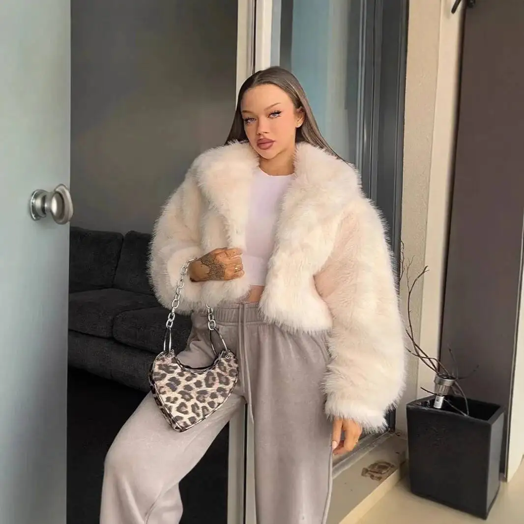 Stylish New Winter Women Mink Cropped Lapel Collar Lady Eco Coat Detaile Thermal Faux Fox Fur Jacket For Female