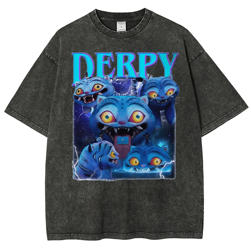 

Derpy Cat Pattern Printed T-Shirt Kpop Demon Hunters Series Washed Short Sleeved Men'S Fashion Trend Pure Cotton Round Neck Top
