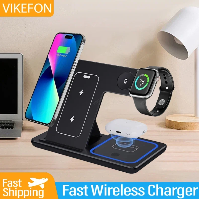 3 In 1 Wireless Charger Stand For iPhone 15 14 13 12 Pro Max Plus IWatch AirPods 3/2 Foldable Fast Charging Station Dock Holder