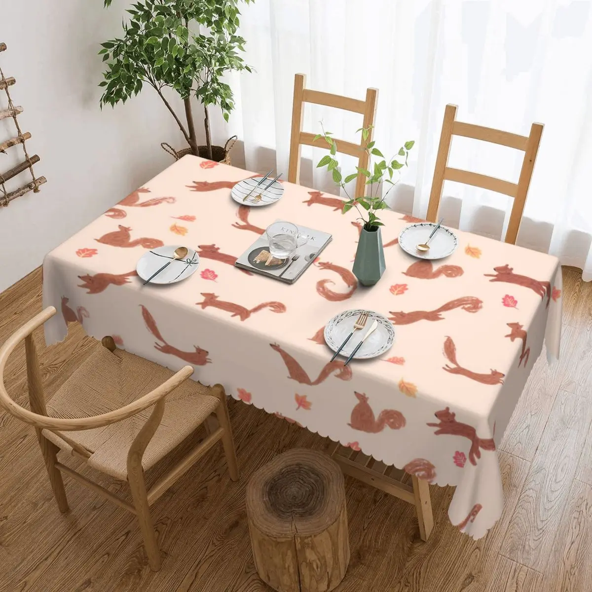 Customized Rectangular Oilproof Fall Squirrel Pattern Table Cover Table Cloth Tablecloth for Picnic